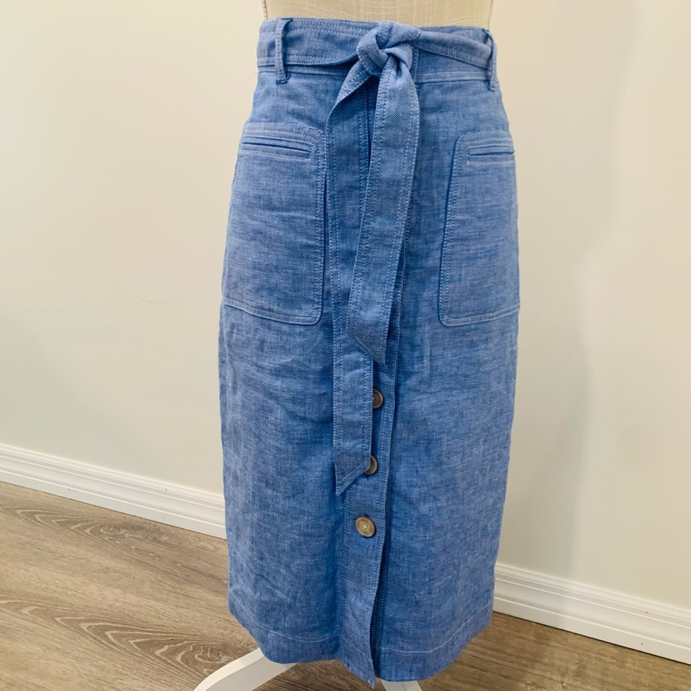 J Crew Button-front skirt in stretch linen Button-Down Midi Tie EUC Size 2T